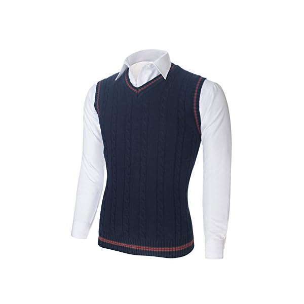 TOPTIE Men's V-Neck Cotton Twist Knit Sweater Vest Green and Red Trim - Image 3