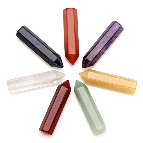 QGEM 7 Chakra Star Group Rock Healing Energy Gemstone Crystal Wand Qixing Array on Obsidian Stand with Round Gemstone Disc, for Chakra Healing, Devination, Home Decor