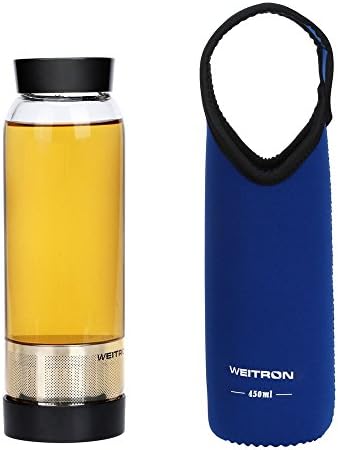 Glass Water Bottle with Removable Stainless Steel Filter and Portable Sleeve, Special Two-Port Design of Small Mouth and Open Mouth, Leak-Proof,BPA-Free