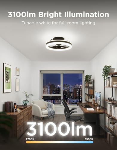 Govee Ceiling Fan with Lights, 20'' RGBIC Oscillating Flush Mount Bladeless Ceiling Fans with Lights and Remote, 12 Speeds Reversible DC Motor, 3100lm, Low Profile Ceiling Fan for Bedroom, Living Room