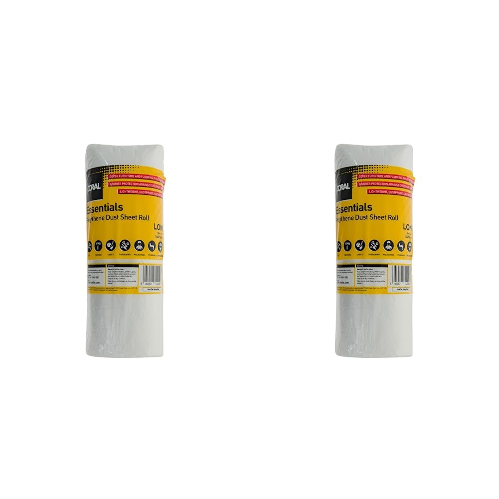 Coral 72204 Essentials 100 Sqm (2M X 50M) Polythene Dust Sheet Roll Drop Cover Spill Splash Protection for Painting (Pack of 2)