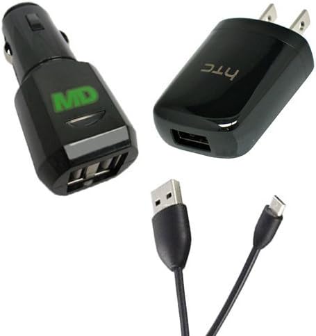 Original HTC OEM USB/ Micro USB Data Cable Dc-M400 New For HD2, HD mini, Aria, Legend, Desire A8181, Wildfire, 4G Evo Supersonic, Droid Incredible with HTC Micro USB AC Travel Charger Adapter and Malcom Distributors Dual USB Port Car Charger Power Adapter