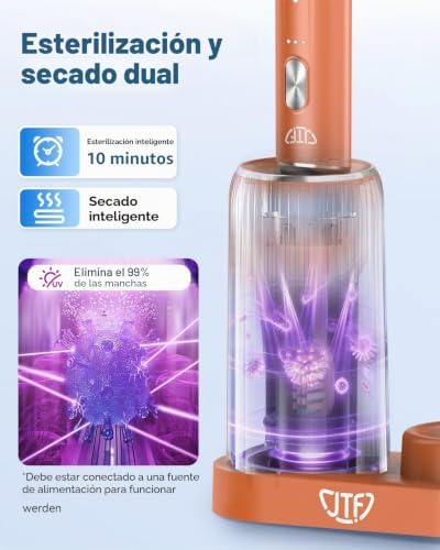 Escova de dentes TF Sonic Electric com limpeza e secagem UV, estação de carregamento sem fios, 5 modos de limpeza, 6 cabeças de substituição, copo incluído e IPX7 resistente à água (laranja)