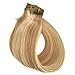 Clip in Hair Extensions Blonde Highlights Clip ins Real Human Hair Extensions Double Weft 15 Inch Straight Golden Brown Mixed Bleach Blonde Balayage Human Hair Clip in Extensions for Women 70G 7PCS