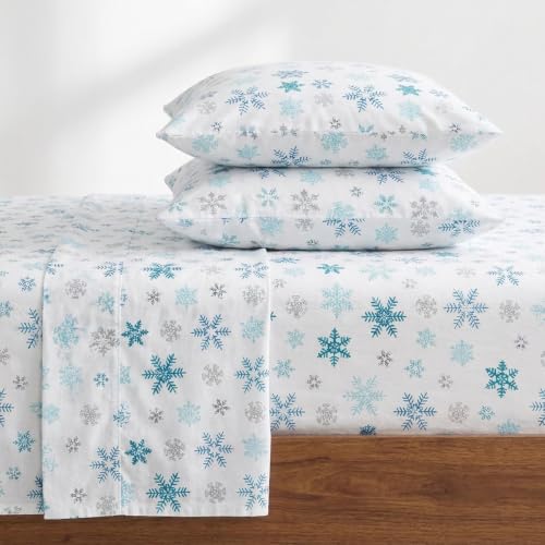 Eddie Bauer - Flannel Collection Cotton Bedding Sheet Set, Pre-Shrunk & Brushed For Extra Softness, Comfort, and Cozy Feel, Queen, Tossed Snowflake
