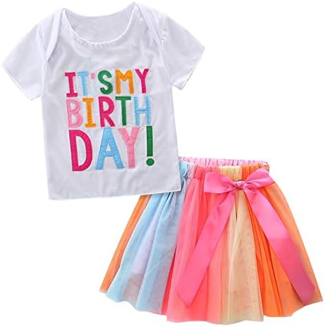 HBER 1-7T Baby Little Girls Letters T-Shirt + colorful Rainbow Skirts Birthday Gift Outfits Set