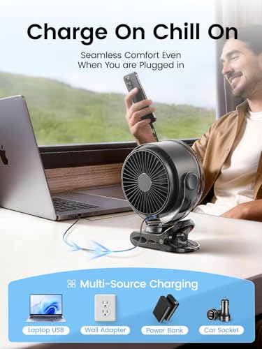 OpenBay Clip on Fan, Rechargeable USB Fan with Sturdy Clamp, LED Display, 100 Speeds, 3000mAh Battery, 360° Rotation, 5.5 Inch Portable Fan for Stroller Bed Camping Treadmill Car Black