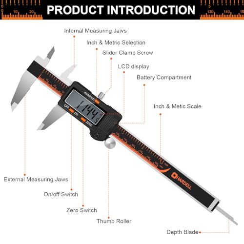 HARDELL Digital Caliper, 6 Inch Stainless Steel Caliper Measuring Tool with Large LCD Screen, Electronic Micrometer Caliper Digital Inch/Millimeter Conversion, Automatic Off(Ruler & 2 Batteries)