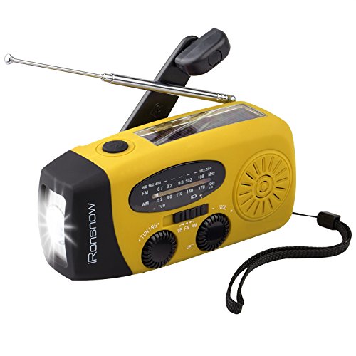 iRonsnow Upgraded Version IS-088U+ Dynamo Solar Hand Crank Self Powered AM/FM/NOAA Weather Radio with LED Flashlight and 1000mAh Emergency Power Bank (Yellow)