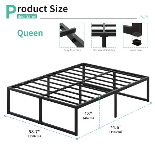 Lutown-Teen 46cm Base Cama Queen Size, No Necesita Somier, Base de Cama Queen Size con Resistentes Listones de Acero para Colchón, Fácil Montaje, Sin Ruido, Negro