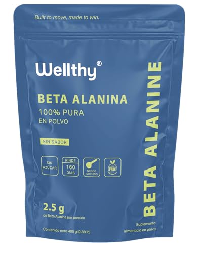Wellthy 100% Beta Alanina 400g. Presentación en Polvo, 2.5g por Porción, Cuchara Medidora Incluída dentro del empaque, 160 Porciones por Envase, más de 5 Meses de Consumo, Bottle Free.