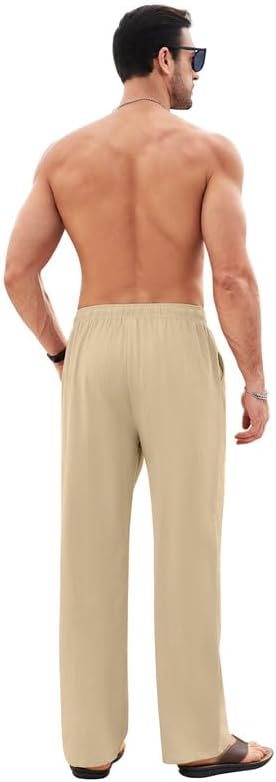 Calças de linho masculinas de algodão de verão com bolsos com cordão