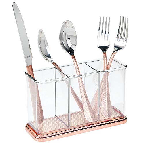 mDesign Plastic Cutlery Storage Organizer Caddy Bin for Kitchen Table, Cabinet or Pantry - Holds Forks, Knives, Spoons, Serving Utensils - Indoor or Outdoor Use, 3 Sections - Clear/Rose Gold
