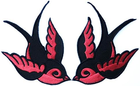 SWALLOWS Rockabilly Biker Tattoo Red &amp; Black Bird Iron On Patch (L,R) Approx: 3.9"8.7cm x Approx: 2.9"/7.3cm By MNC Shop