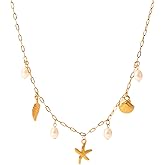 Gold Summer Charm Necklace for Women - Adjustable Beach Jewelry with Seashell, Starfish, Pearl & Plume Pendants, 16”- 19” Layering Necklace for Vacation