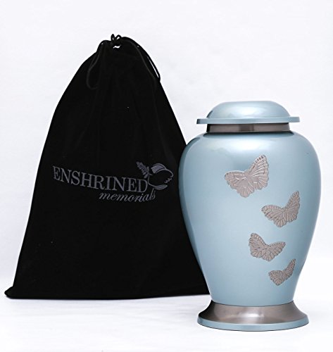 Enshrined Memorials Cremation Urn for Ashes - Apollo Series Affordable Solid Brass Metal Quality Handcrafted for Human Funeral Burial Large 10 inch, Teal with Butterflies (Adult Urn Only) - Thumbnail 3