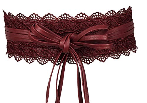 Lovful Women's Bowknot Lace Self Tie Wrap Around Obi Waist Band Cinch Wide Boho Belt,WineRed,One Size