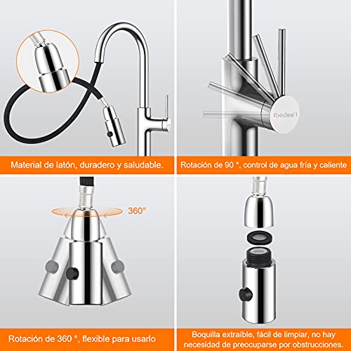 Grifos Cocina Fregadero, Grifo Cocina Extraible, Giratorio de 360 °, Caño Rociador Abatible de Acero Inoxidable 304, Grifo de Cocina con Ducha de 2 Modos de Rociado, Fría y Caliente Disponible