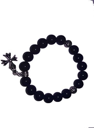 Father's gift! Men's Fashion Obsidian Beads and Sliver Cross Bracelet , Lover Bracelet . (Black)