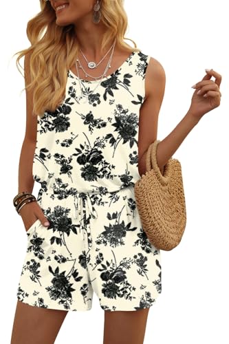 DouBCQ Womens Summer Sleeveless Jumpsuits Romper Black Flower Beige M at Amazon