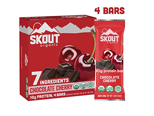 SKOUT Organic Protein Bars - Chocolate Cherry - Vegan Snacks - Plant Based Protein - Non-GMO - Gluten Free, Dairy Free, Soy Free - No Refined Sugar - 1.9 oz (4 Count)