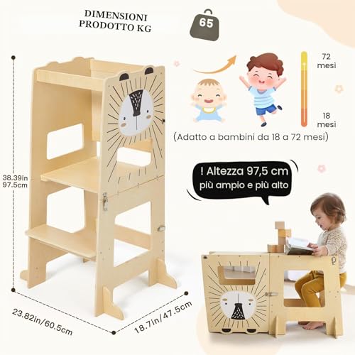 labebe Montessori Tower Kids (98cm Height), Large Size Wooden Folding Montessori Tower, 3 in 1 Kids Desk and Chair Set Transformable with Chalkboard