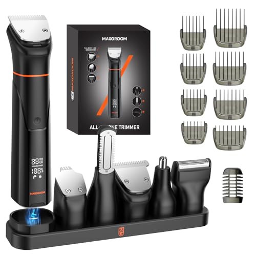 Maxgroom 6-in-1 Men's Electric Beard Trimmer with Organised Storage Base, Dual Charging Mode (Base & USB-C), Removable Magnetic Head, IPX6 Dry/Wet, Battery Life 120 Mins (Black)