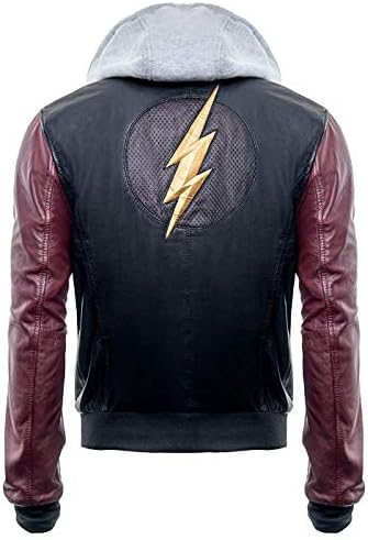 Justice League Superhero Flash Hoodie Black Real Leather Mens Jacket
