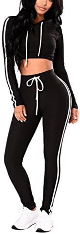 PrettySoul Women Long Sleeve Hoodie Sweatshirt Crop Top Bodycon Skinny Long Pants Sweatsuit Set Tracksuit Black, Small