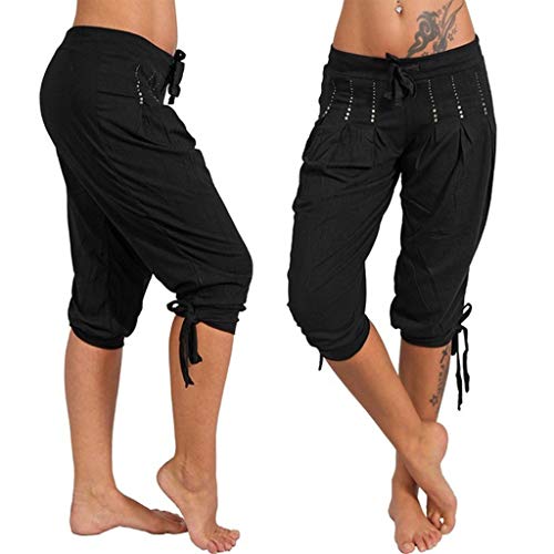 Womens Fashion Pants, Classic Fit Stretch Capri Yoga Pants Baggy Casual Chino Pants Cargo Cropped Harem Trouser (XL, Black)
