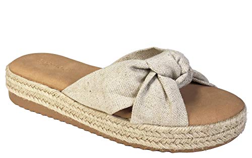 BAMBOO Women's Knotted Cross Band Espadrilles Platform Slide Sandal, Natural Fabric, 6.0 B (M) US
