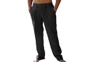 PASLTER Mens Casual Linen Pants Loose Fit Elastic Drawstring Waist Straight-Legs Summer Yoga Beach Long Pants