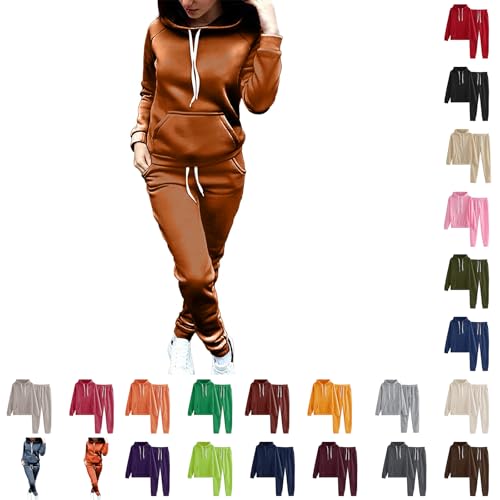 2 Piece Outfits Women Tracksuit Womens Full Set Long Sleeve Hoodie Jogger Crewneck Two Piece Outfit Tracksuit Solid Color Sweatshirt and Sweatpants Travel Outfits for Women UK