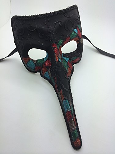 Laser Cut Medieval Plague Doctor Face Design Masquerade Halloween Mask - Black w/ Rainbow Checker Pattern