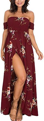 Women's Off Shoulder Floral Print Maxi Summer Beach Dresses size XXXL (WINE RED)