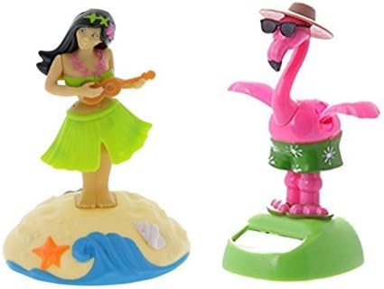 Summer Plastic Solar-Powered Dancing Hula Girl with Beach Base &amp; Dancing Flamingo with Hat