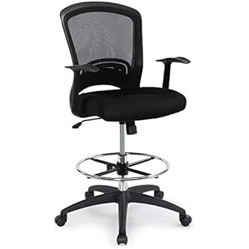 Ergonomic Mid-Back Mesh Adjustable Drafting Chair with Foot Ring, Standing-Desk Matched Tall Swivel Computer Office Stool, Black
