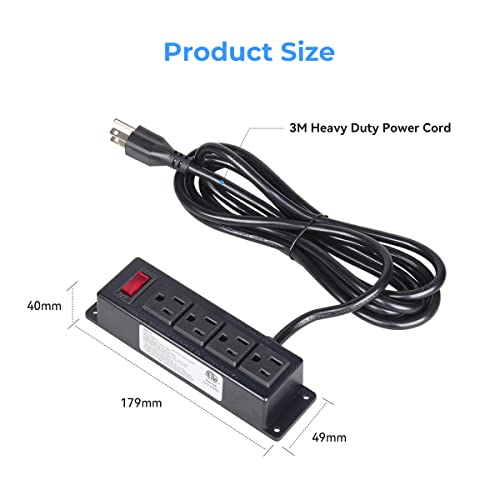 Power Strip Long Extension Cord, ICEELEC 4 Outlets with 10FT Power Cord, Flat Plug Mounting Power 3M Heavy Duty Long Cord for Home, Office, Wall Mount, Black