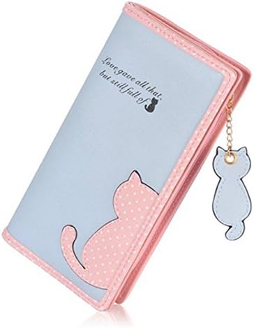 FXTXYMX Long Wallets PU Leather Cat Pendant Coin Purse Card Holder for Girls and Women(Light Blue)