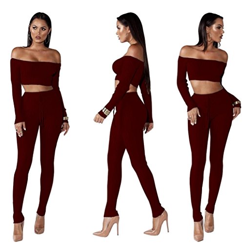 Jushye Women's Tracksuit, Ladies Off Shoulder Fashion Split 2 Piece Set Casual Bodycon Casual Outfit Sportswear (Red, 2XL)