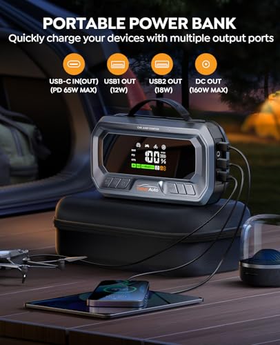 YaberAuto 12-in-1 Jump Starter with Air Compressor 8000A 160PSI 65W Charging, Portable Car Battery Jump Starter (All Gas/14L Diesel) Jump Box Car Battery Jumper Starter Portable Jumper Cables, 160W DC