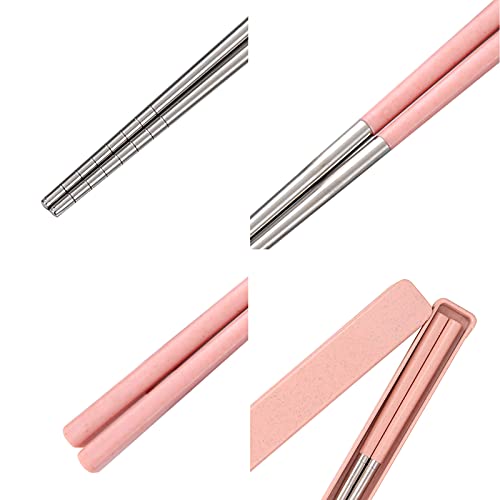 Molizummy 2 Pairs Reusable Chopsticks Metal Wheat Straw Portable with Pull Design Case, Stainless Steel Chop Sticks for Bento Box, School, Home, Office, Camping Use, Dishwasher Safe (Blue & Pink)
