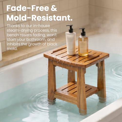 14" Compact Teak Shower Stool with Shelf & Handle - Waterproof, Non-Slip Bath Bench for Small Bathrooms/Tub/Outdoor Use, 300 lbs Capacity (Patented)