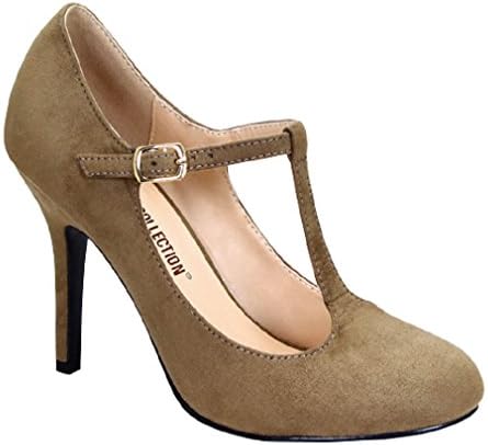 Blsm Swissx2 Women's Closed Toe T-Strap Platform Pumps Faux Suede Medium High Heels Nude Beige 5