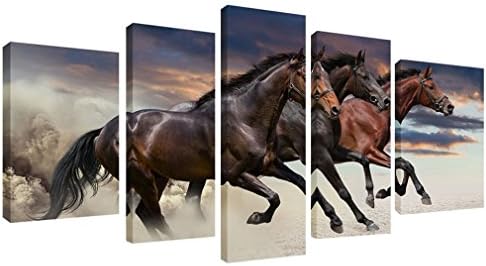 MOCO ART 5Pieces Modern Canvas Paintings Three Fine Horses Running Animal Picture Prints On Canvas Artwork Stretched and Framed Wall Art for Home Decor (12x20inchx2pcs+10x24inchx2pcs+10x30inchx1pcs)