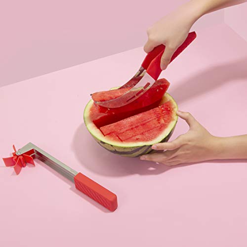 Riveira Watermelon Slicer Windmill Cutter Carving Knife 12-Inch Stainless Steel 3-Piece Kitchen Gadget Newly Designed Gift Set with TPR Silicone Handles for Cutting Fruit Melon Summer Best Gadgets