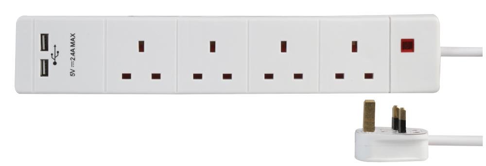 PRO ELEC PEL00104 4 Gang 2 USB Extension Lead 1m, White