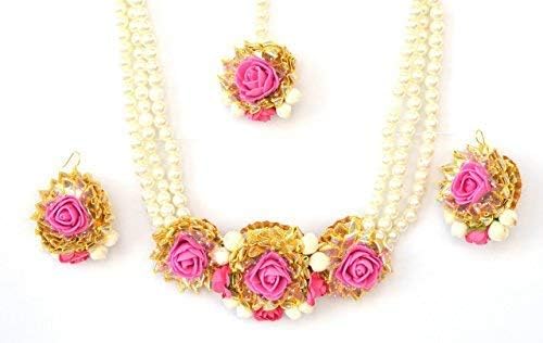 Urbalaa Floret Pink Gota Patti Necklace, Earrings and Maang-Teeka(4 Items) for Women & Girls (Mehandi/Haldi)
