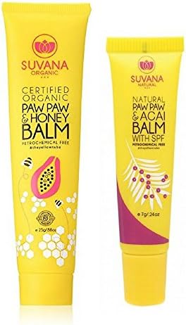 Suvana Paw Paw Certified Organic &amp; Honey Lip Balm(0.88oz each) + Acai Balm with SPF 20 (0.24oz each) Combo