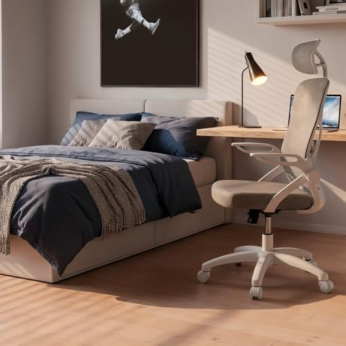 DRAIR35 – Cadeira ergonómica de escritório e secretária em casa com malha elástica respirável, reclinável a 90-120°, apoio de cabeça e braços dobráveis, suporta até 120 kg, cinzento-branco